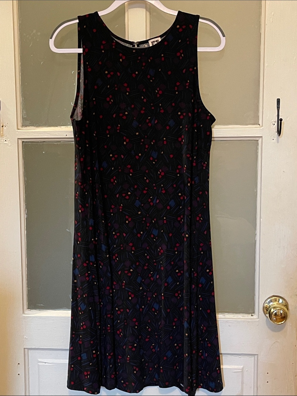 Anne Klein Black Sleeveless Midi Dress with Red and Blue Dot Motif